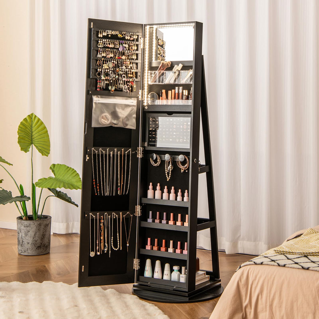 Swivel Jewelry Armoire, Full Length Mirror, Lockable, Black