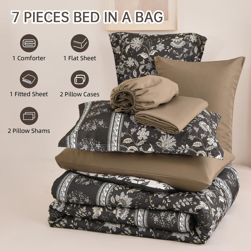 Boho Comforter Set Queen, Reversible Brown Gray Bedding Paisley 7 Piece