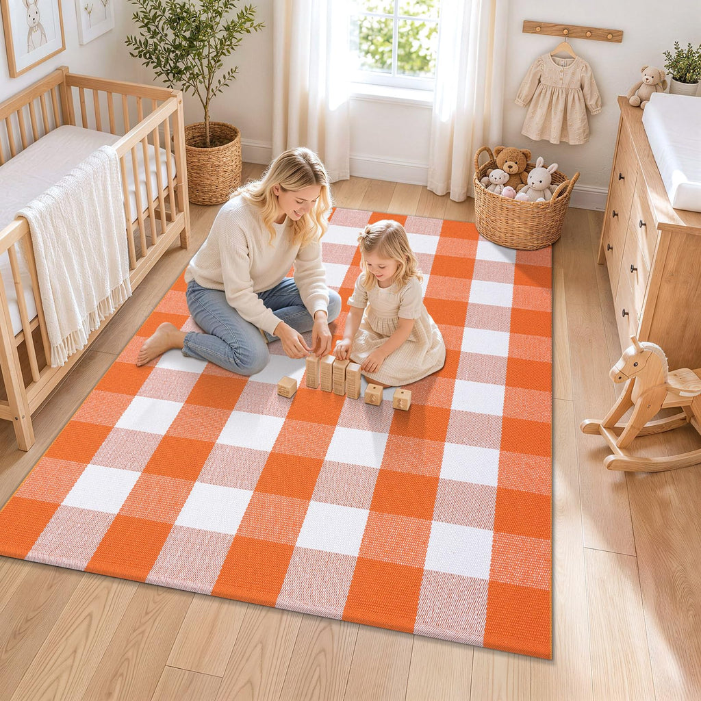 Orange and White Buffalo Plaid Rug 3x5, Indoor Outdoor Rug