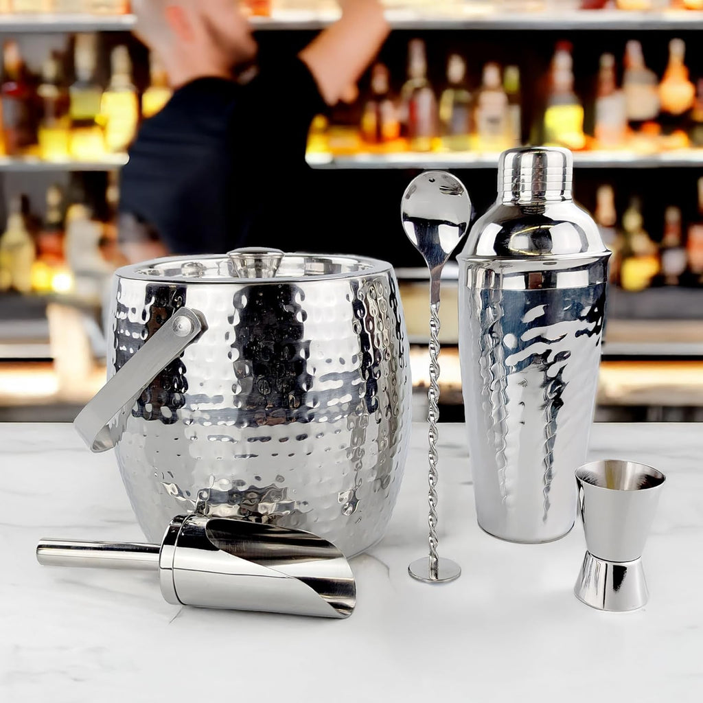 Insulated Ice Bucket for Cocktail Bar with Drink Shaker 5-Piece Cocktail Set for Parties with Lid and Scoop - Set of 5