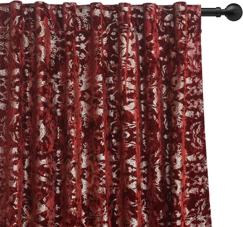 Luxury Velvet Gold Foil Print Navy Shiny Curtains 96 inches Long Back Tab Thick Thermal Insulated Window Drapes , W52