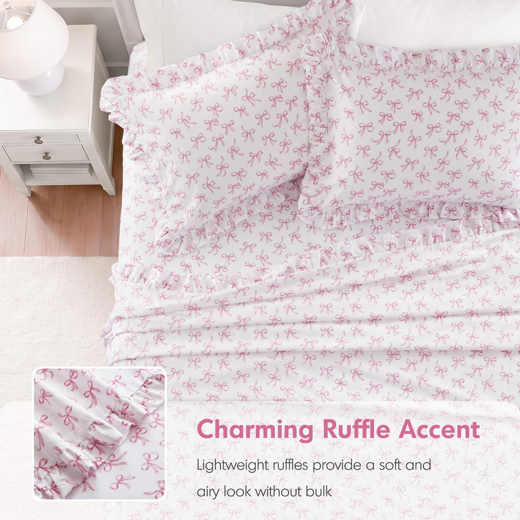 Bow Ruffle Sheet Set 4 Piece, White/Pink