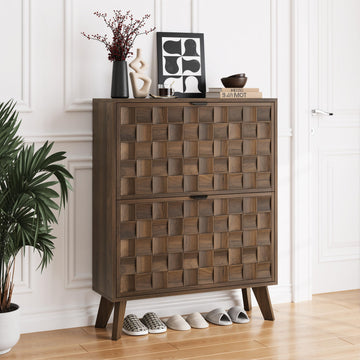 Walnut Shoe Cabinet with 2 Flip Drawers, 29.6" Hidden Shoe Storage Cabinet with Embossed Checkerboard Doors