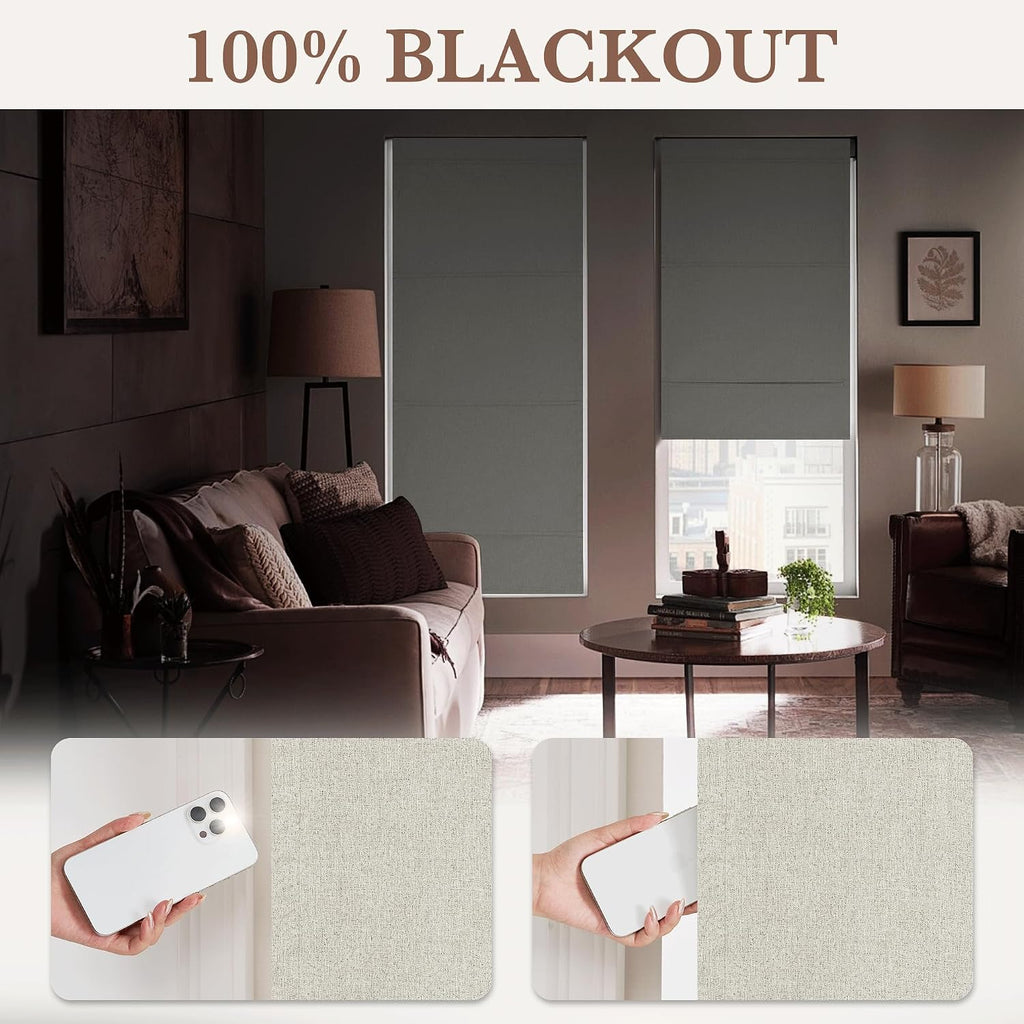100%Blackout Roman Shades for Windows, Linen Fabric No Drill Magnetic Blind with Adhesive Tape, Thermal Insulation