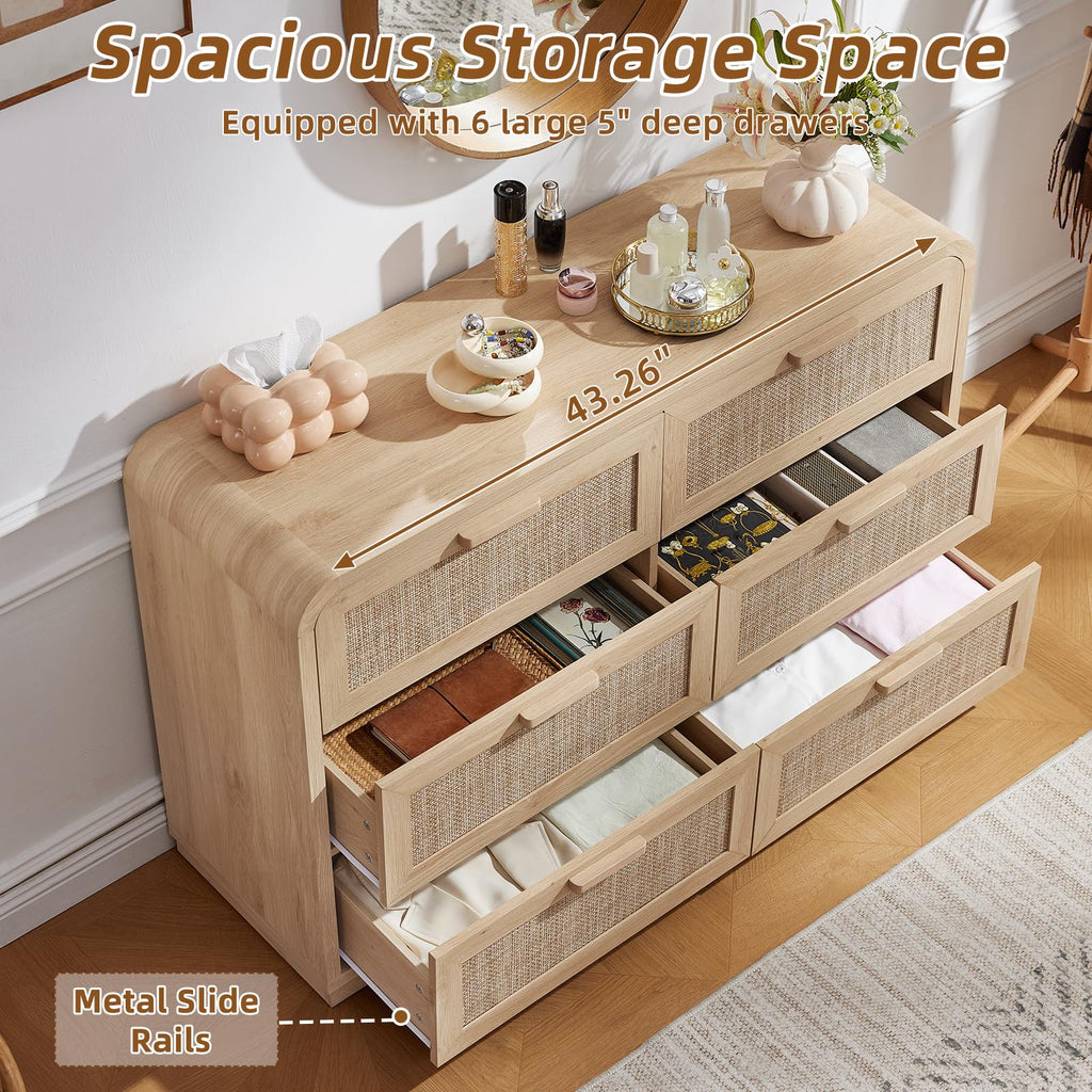 Rattan 6 Drawer Dresser, Natural Wood