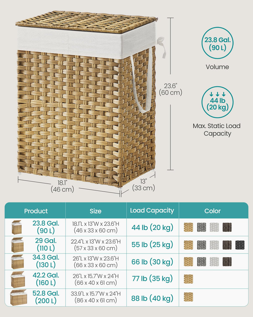 Laundry Hamper with Lid, 90L Double Wicker Basket, 6 Mesh Bags