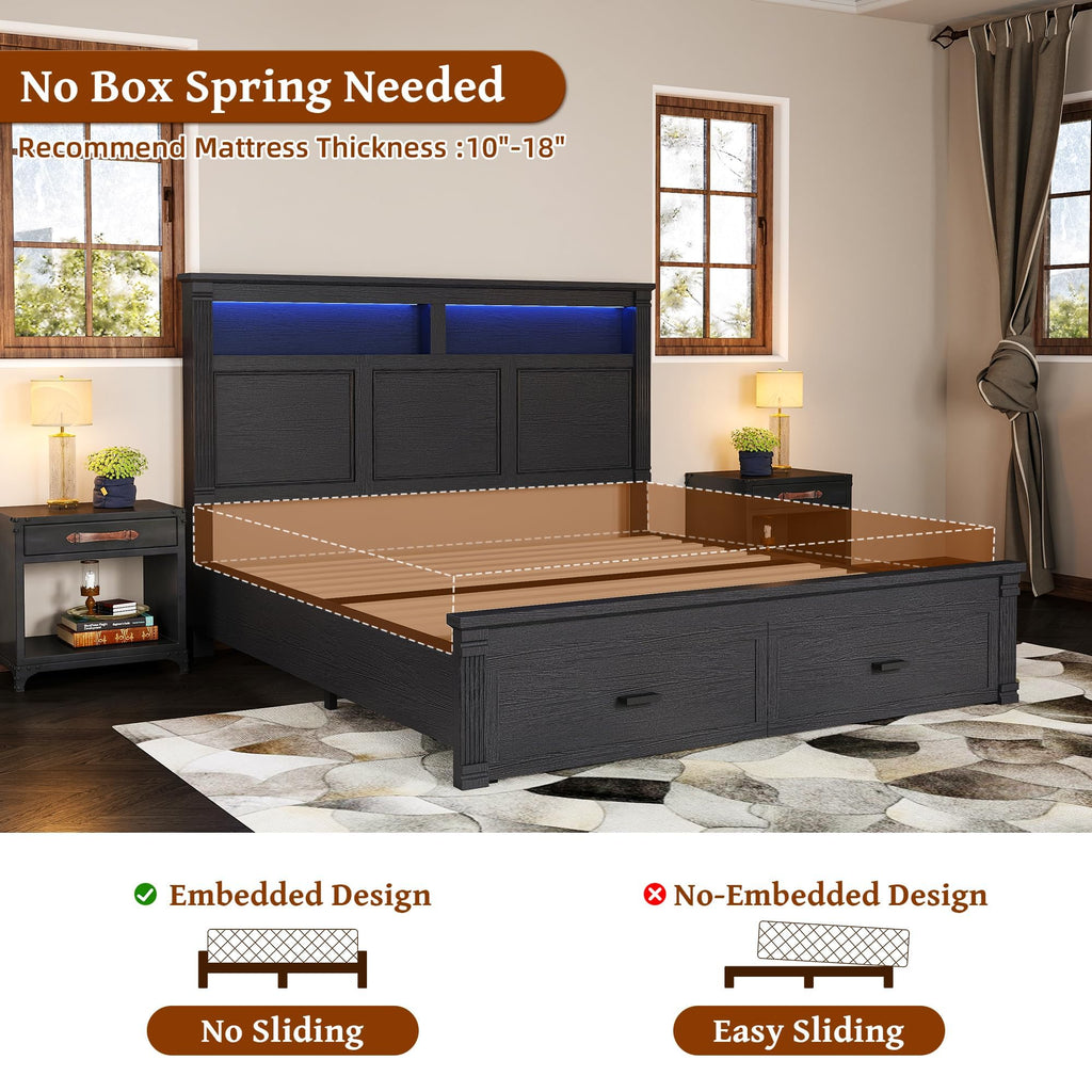 Farmhouse 53" Tall Bed Frame, Headboard& 2 Storage Drawers, Black