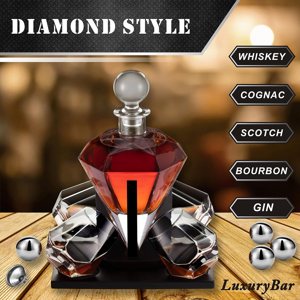 Diamond Whiskey Decanter Set 4 ChillBall Glasses&Tray Decanter Sets for Men - Set of 12
