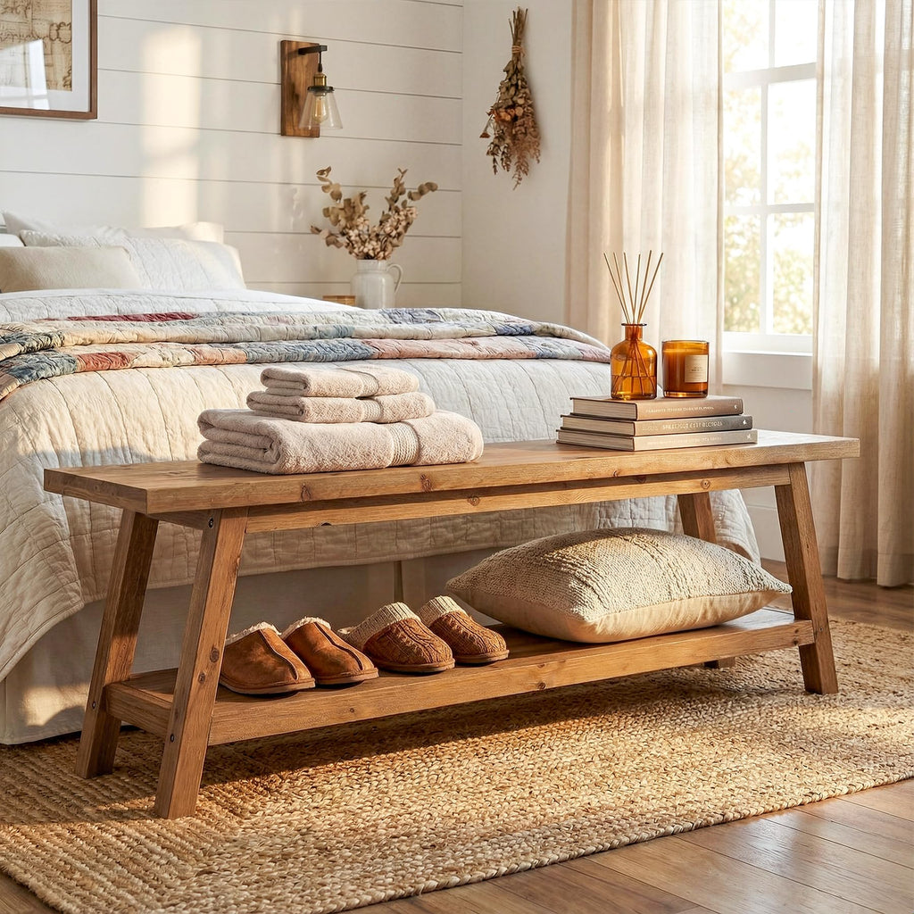 Solid Wood 63" End of Bed Bench with Storage Shelves, Rustic 62.99" L Foot of Bed Bench, Upholstered Seat & Open Shelf