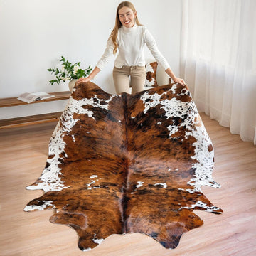 100% Genuine Brazilian Cowhide Rug - Tricolor Brindle Mix - Luxury Cowskin Leather Area Rug Décor 7 x 6 feet