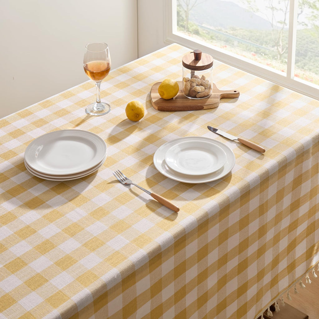 Gingham Rectangle Tablecloth with Tassel, Yellow, 55" x 120"
