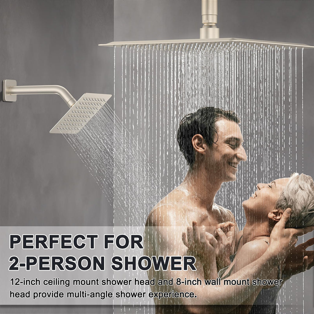 Thermostatic Shower System with Adjustable Water Flow Push Button Diverter, Square Dual Shower Heads Faucet Set with