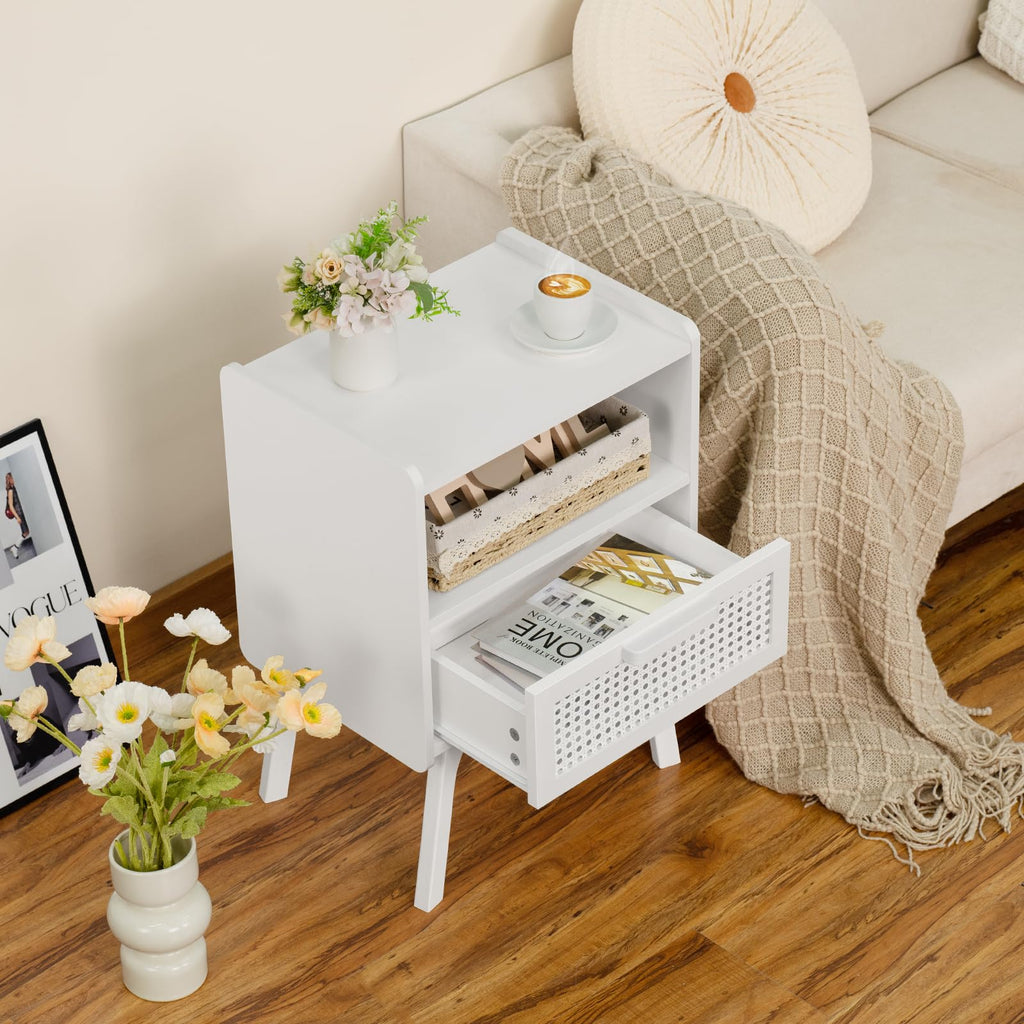 Rattan Nightstands Set of 2, Side Table with Drawer Open Shelf