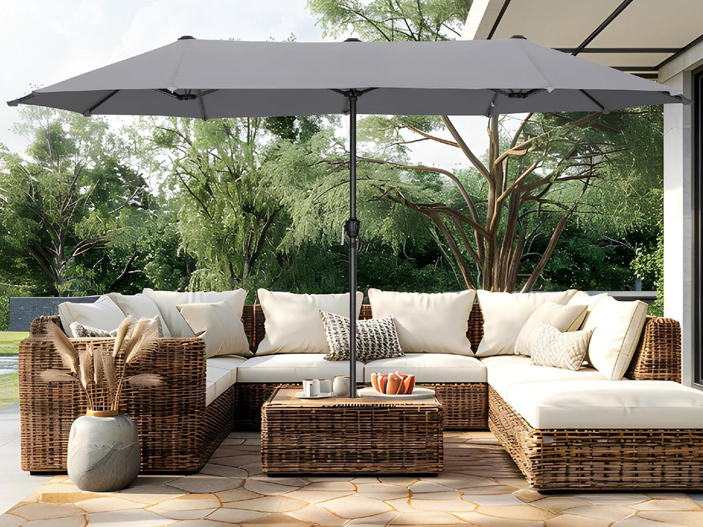 13ft Large Patio Umbrellas, Double-Sided Outdoor Market Rectangle Umbrella Light Gray