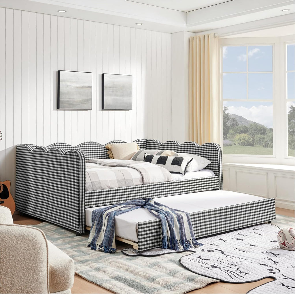Full Size Gingham Daybed with Trundle and USB Ports | Upholstered Daybed Living Room Guest Room-Navy
