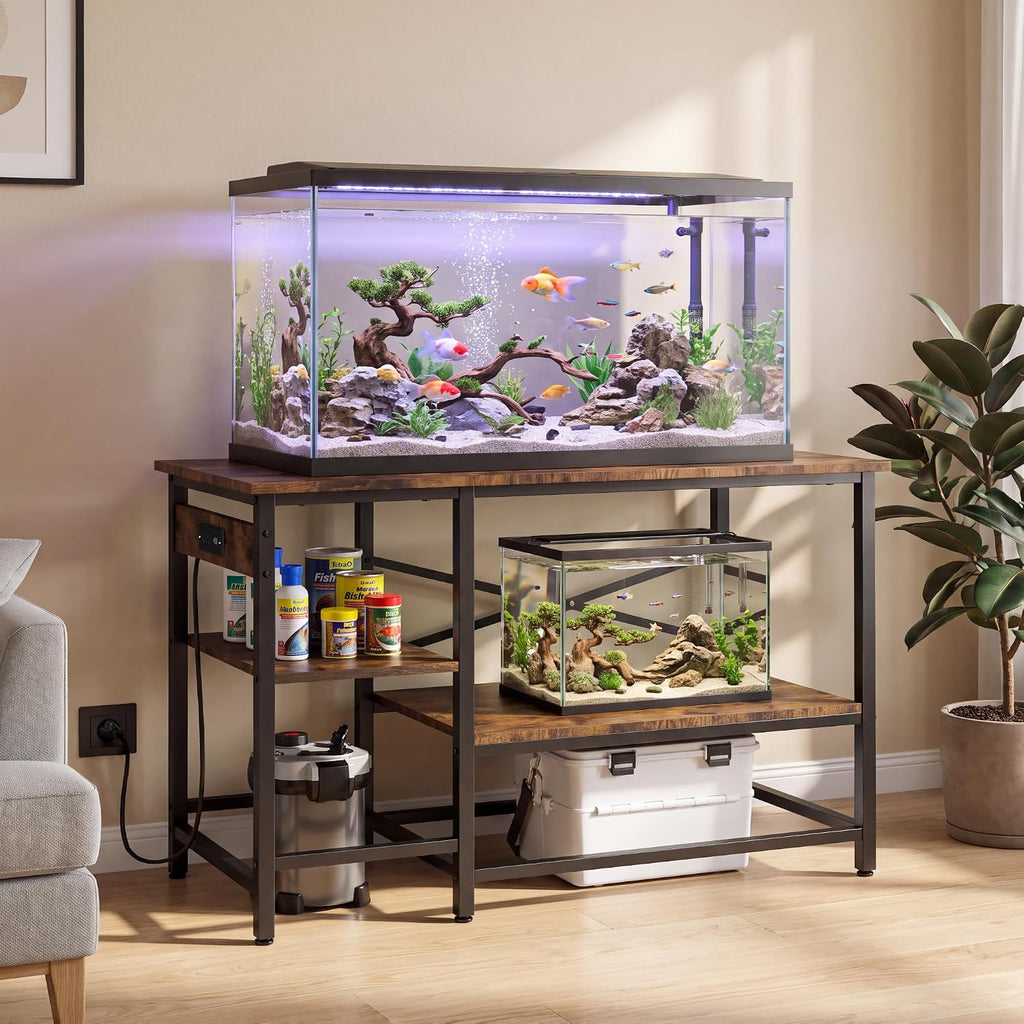 40-55 Gallon Fish Tank Stand with Power Outlet, 43.2 in x22 in, 600Lbs Capacity, 4-In-1 Power Outlet, Storage Shelves