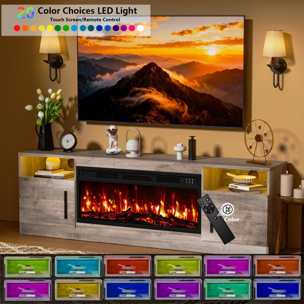 Fireplace TV Stand with 36" Fireplace Up to 80" TVs, 70" Entertainment Center with LED Lights, Remote Control, TV
