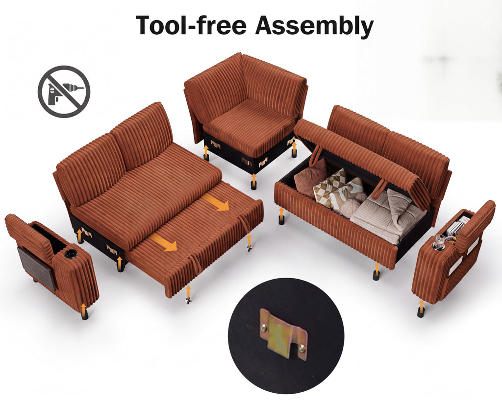 86" Modular Sectional Sleeper Sofa with Pull Out Bed, 5 Seat Plush Corduroy L Shaped Couch with USB Ports|Cup