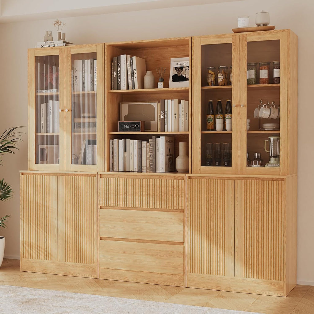 Tall Bookcase with Glass Doors and Drawers,71'' Wooden Bookshelf with Storage,Display Cabinet ,Set of 4 (Baab)