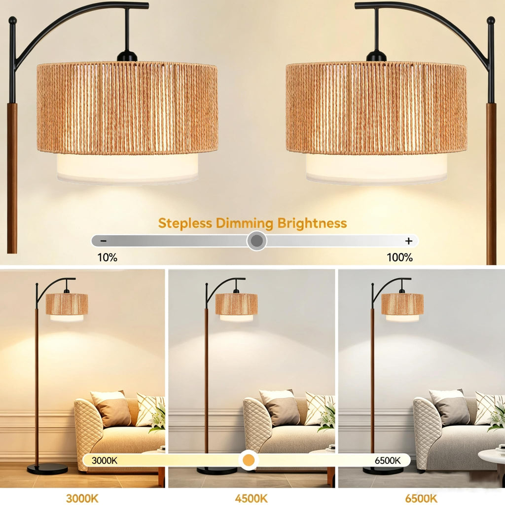 Arc Black Floor Lamp Bedroom with Remote, Rattan Boho Floor Lamps with 3 Color Temperatures, Rustic Standing Lamp with