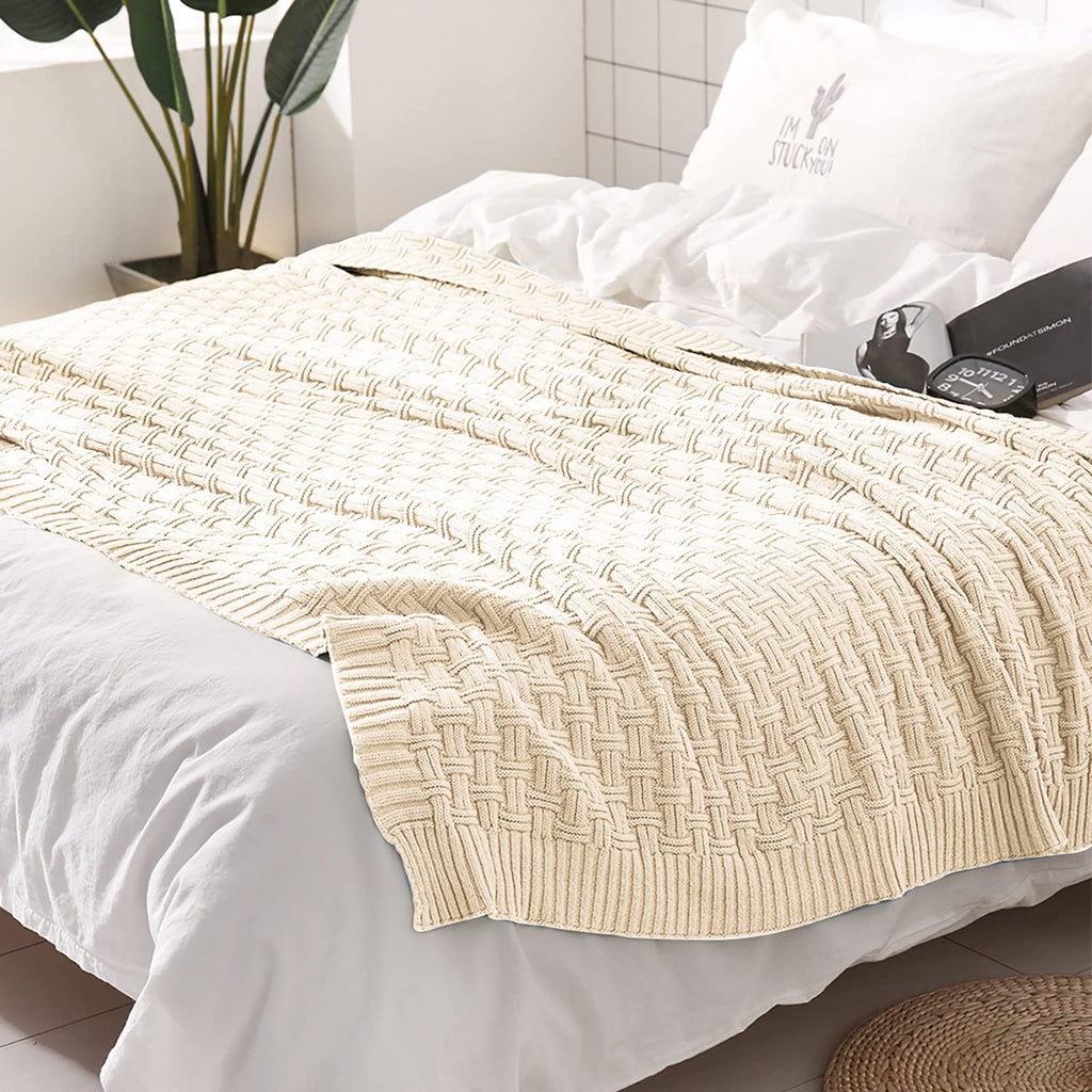 100% Cotton Knitted Throw Blanket 50 x 60 Inches, Ivory White