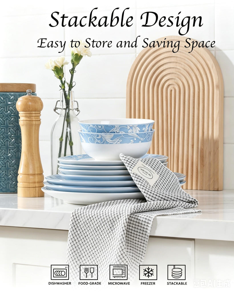 Bone China Dinnerware Set for 4, 12 Pcs White Plates and Bowls, Blue Rim