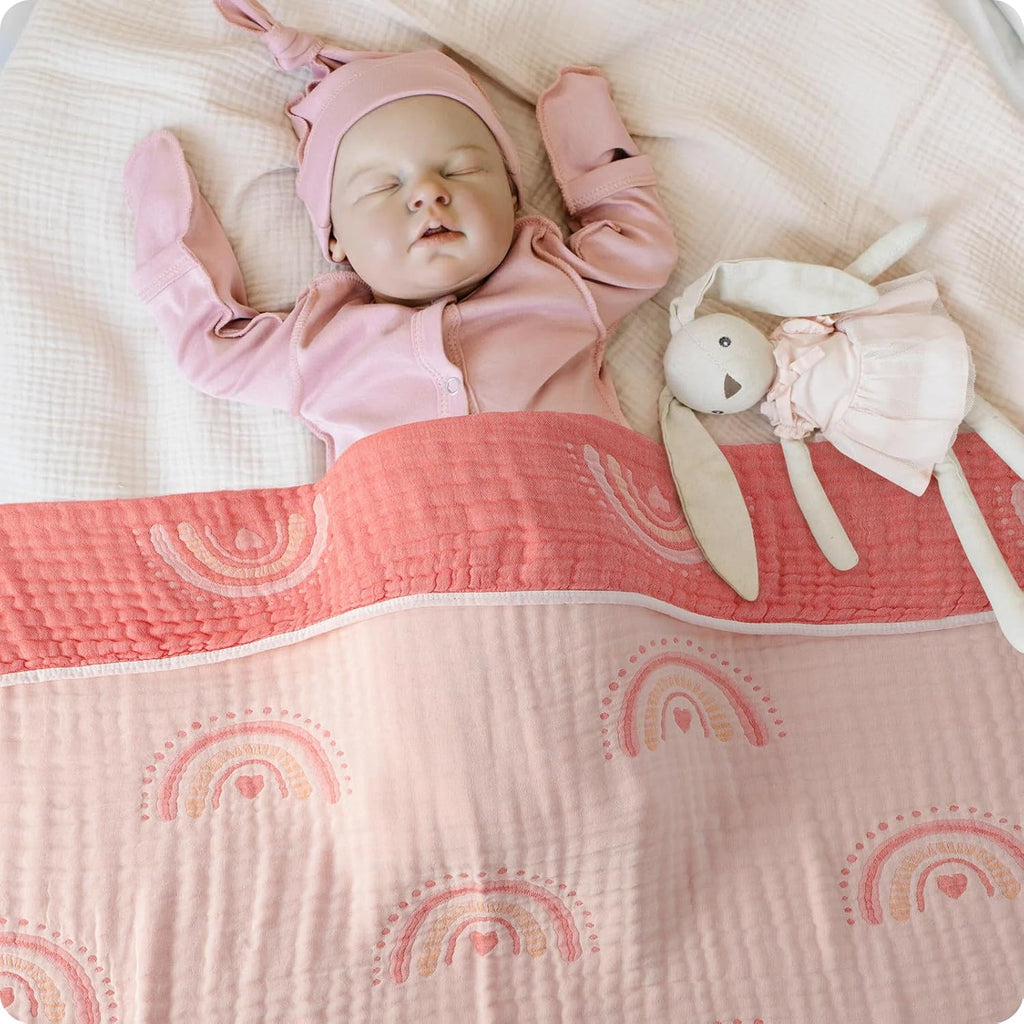 Cotton Muslin Baby Blanket Organic Comforter Reversible Neutral Layer Soft 43.3"x41.3" for Newborn Infant Toddler