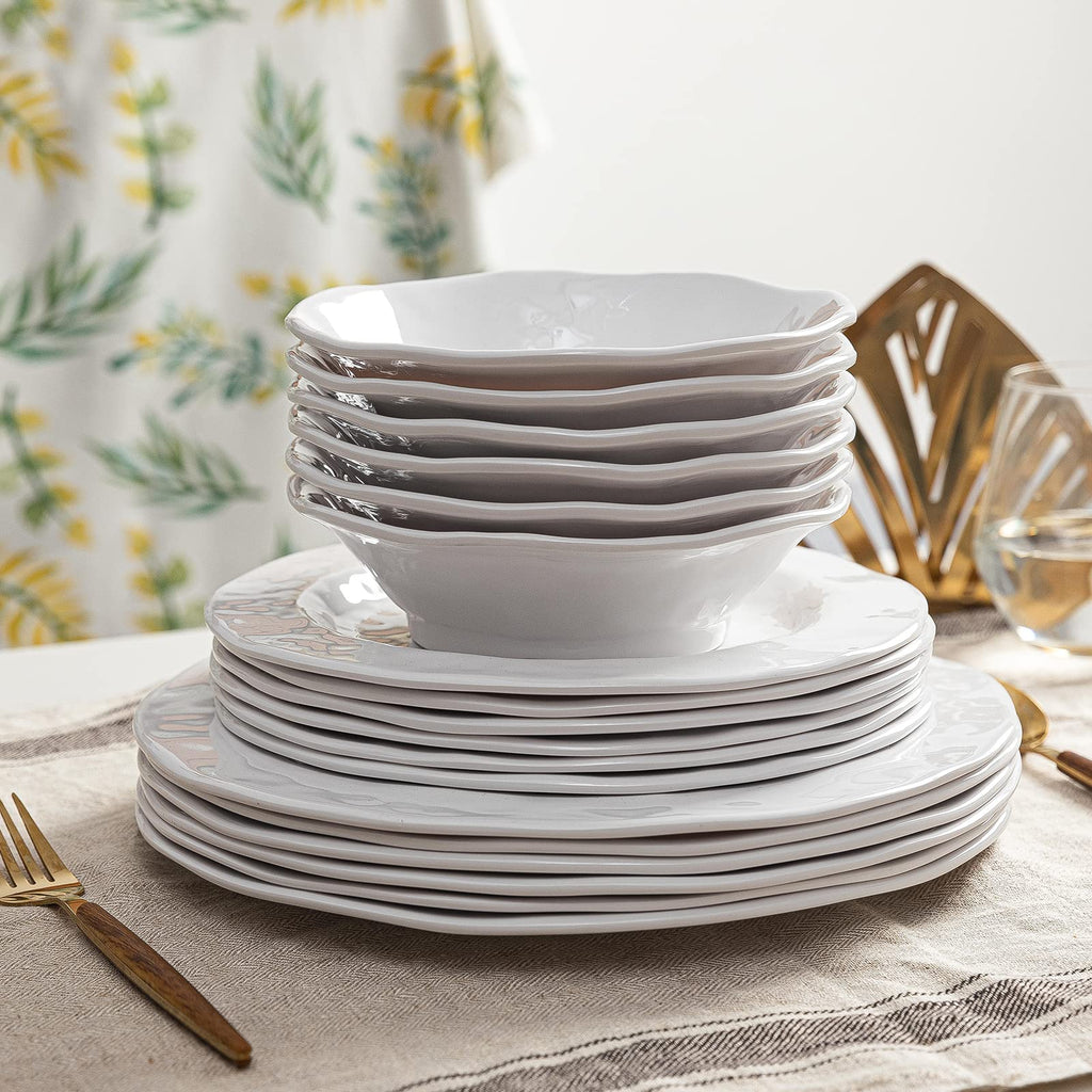 Basic White Melamine Dinnerware Sets, 18 Piece melamine dishes set, Service for 6, Plates and Bowls Sets Great for