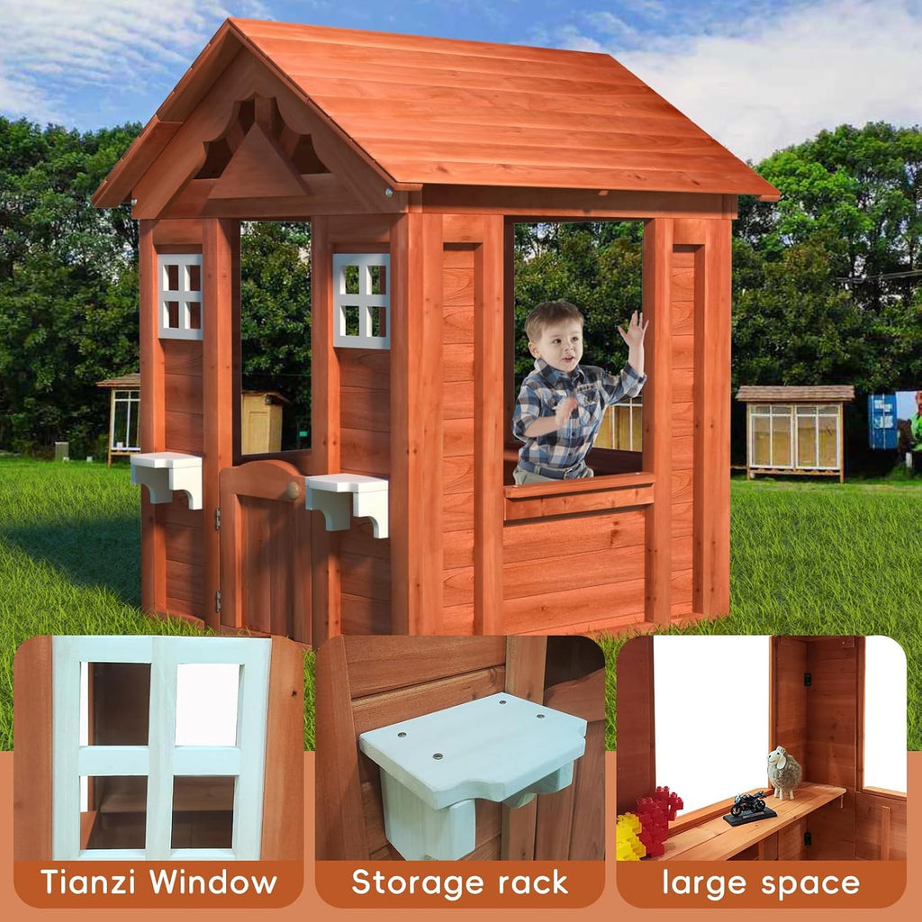 Kids Outdoor Playhouse with Door & 2 Windows - Wooden Backyard Play House for Ages 3-8 - 42"L x 46"W x 55"H - Easy