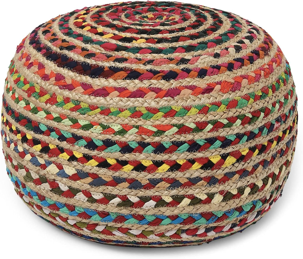 Braided Jute Cotton Pouf - Circular Boho Ottoman - Multi | Jute with Cotton Pouf, 19.5"x19.5"x14"; Braided Boho