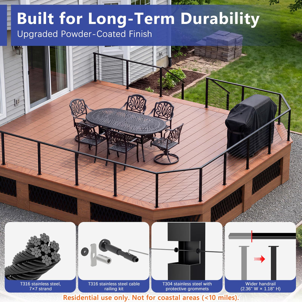 12-16ft Modular 36" Swageless Cable Railing System with Handrail