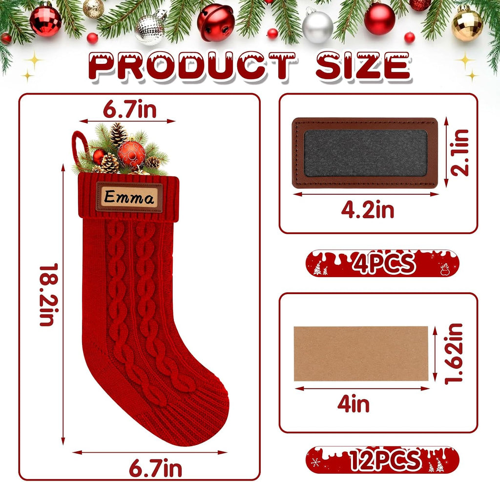 Knitted: 18'' Large Knit Family Name with Leather Patches White Red Green Bulk Xmas Stocking Hanging - Set of 4