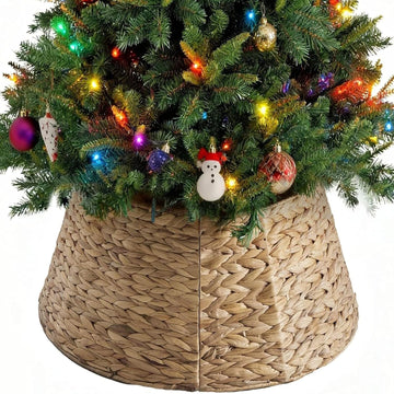 24inch Christmas Tree Collar for 4-7ft Trees, Woven Hyacinth Rattan 4-Panel Collar w/Cord Access Hole & Easy Lock