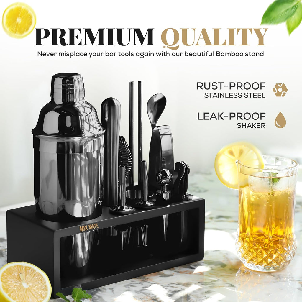 Black Stainless Steel Cocktail Shaker Set with Wood Stand - Bartender Kit with Drink Shaker, Bar Spoon - Set of 15