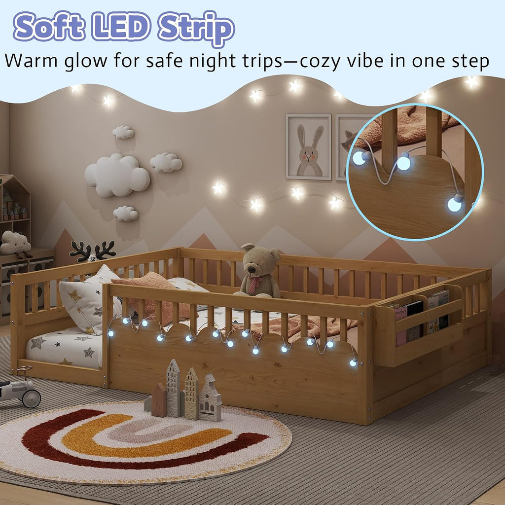 Floor Bed for Kids, Montessori Beds with High Fence Railings, Wood Playhouse Bed with Rails, Light &