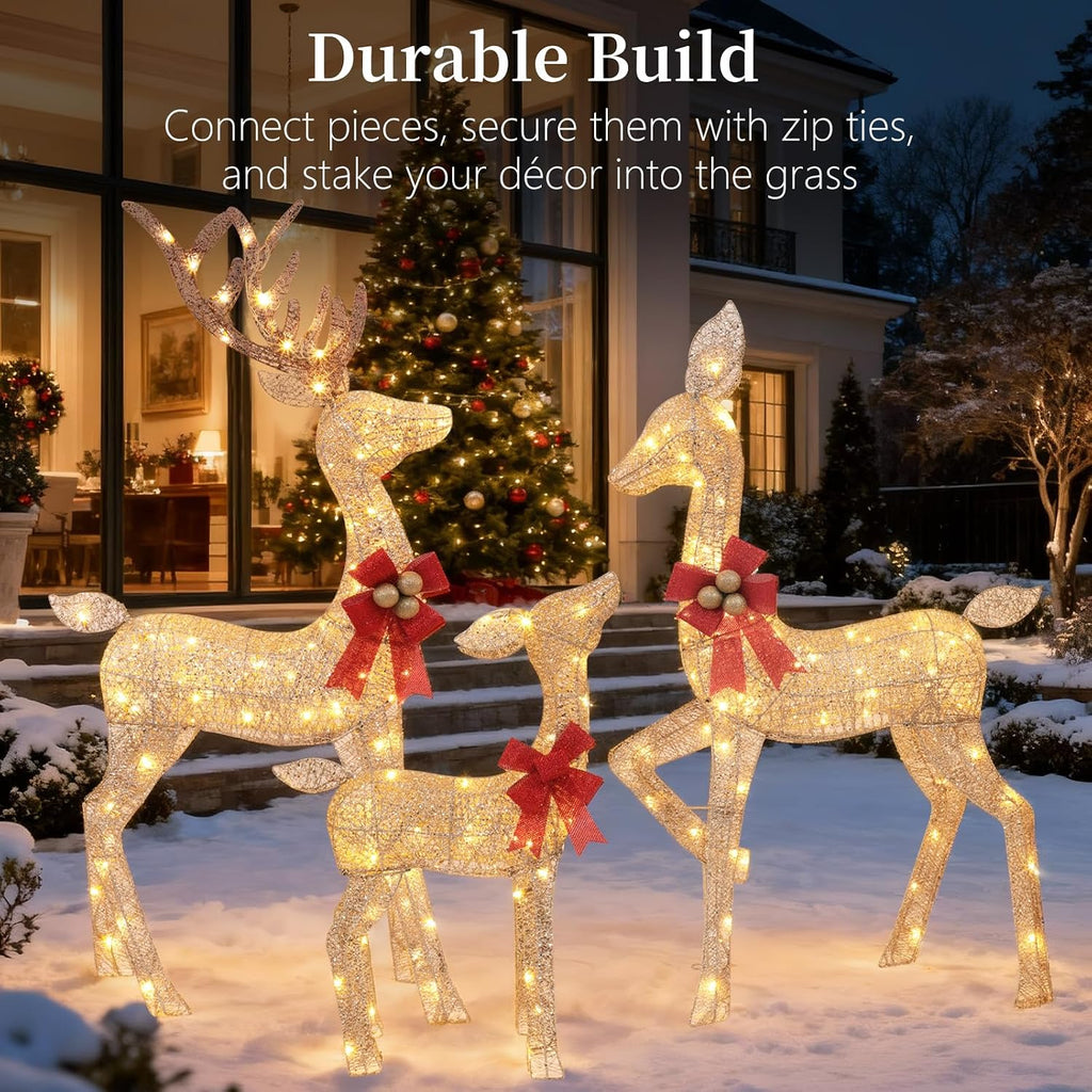 3-Piece Lighted Christmas Deer Family - 4.5ft 3D Pre-Lit Reindeer Outdoor Decorations with 210 LED Lights