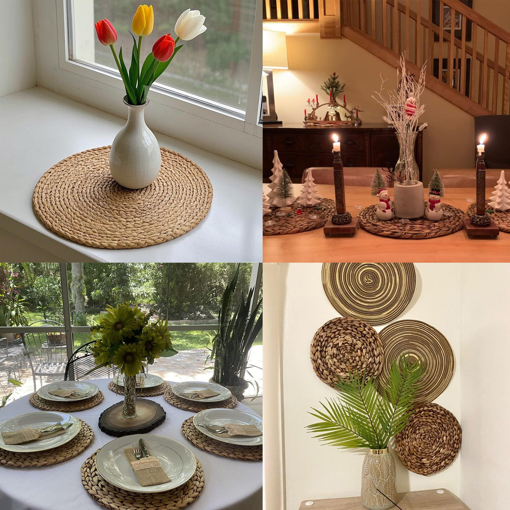 Set of 8 Water Hyacinth Braided Placemat, 13 Inch Round Placemats Rattan Placemats, Natural Wicker Seagrass Rattan