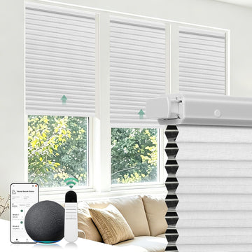 Motorized Cellular Shades No Drill with Remote,White, | Easy-to-Install Honeycomb Blinds with Voice Control,Solar