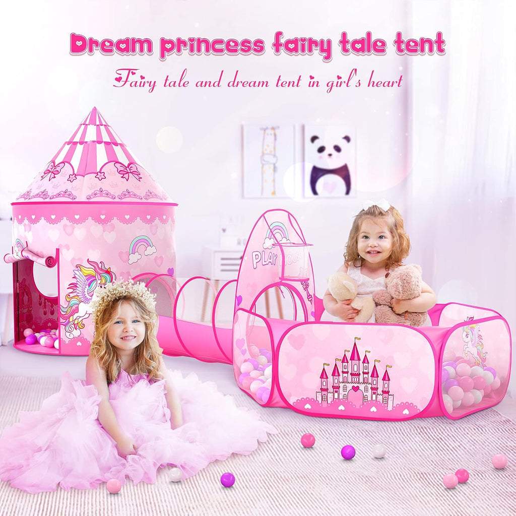3PC Princess Tent for Girls with Kids Ball Pit and Crawl Tunnel for Toddlers, Pink Pop Up Playhouse Toys Indoor