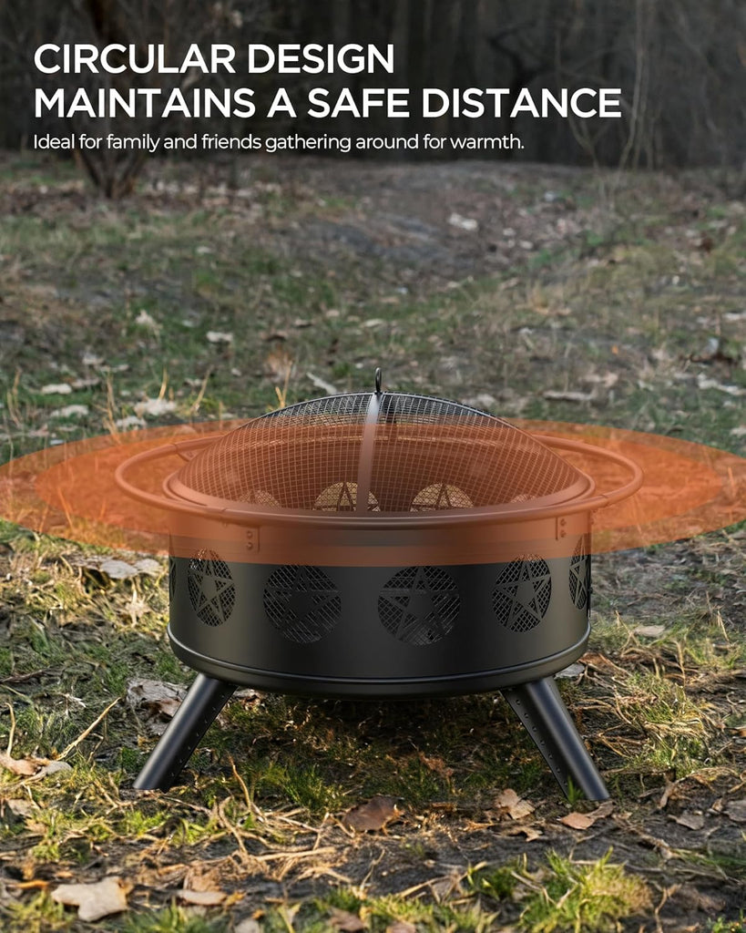 32 Inch Fire Pit with BBQ Grill & Mesh Cover, Wood Burning Fire Pits for Outside with Fire Poker