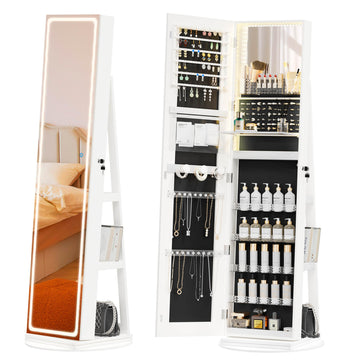 Mirror Jewelry Cabinet Standing, Jewelry Armoire with Full-Length LED Mirror and Adjustable Lights, 360° Swivel