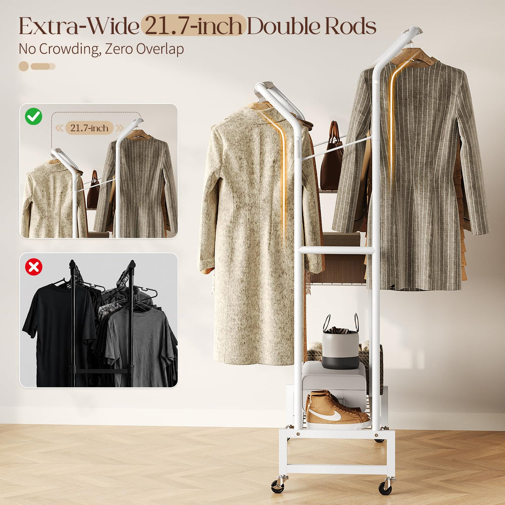 Double Rods Clothes Rack - Portable Clothing Rack with Wheels, Rolling Garment Rack with 3-Tier Shelves & 4 Hooks