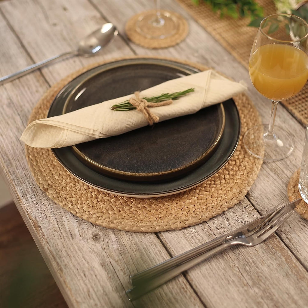 Natural Jute Placemats, Round Woven Table Mats, 13 Inch Rattan Charger Plates for Dinner, Boho Farmhouse - Set of 6
