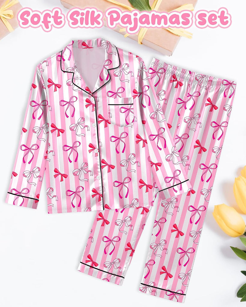 Girls Pajamas Silk PJS Set Satin Sleepwear Long Sleeve Jammies for Kids Button-Down Nightwear Loungewear