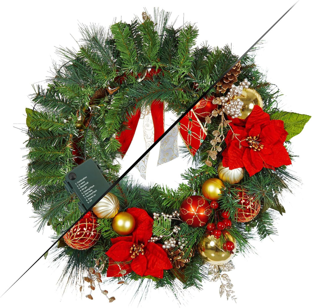 30 Inch Pre-Lit Christmas Wreath for Front Door, Battery Operated with 40 LED Lights, Red & Gold Ball Ornaments, Pine