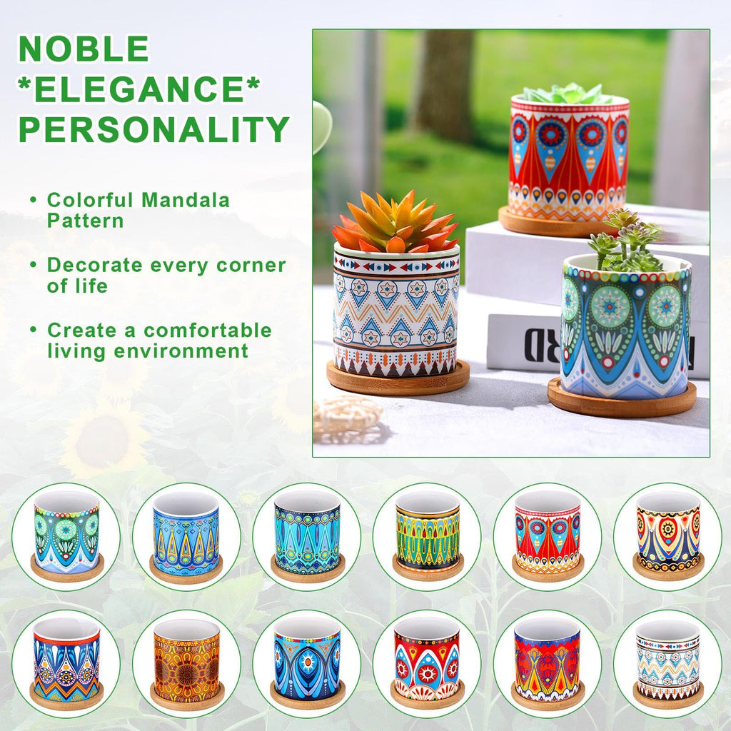 12 Pcs Mandala Ceramic Succulent Pots with Bamboo Trays, Colorful Boho Spring Decor Planters, Small Cactus Plant Pots