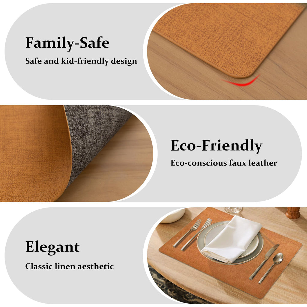 Faux Leather PU Placemats Set of 8 (Orange Grey,11.8" x 17")