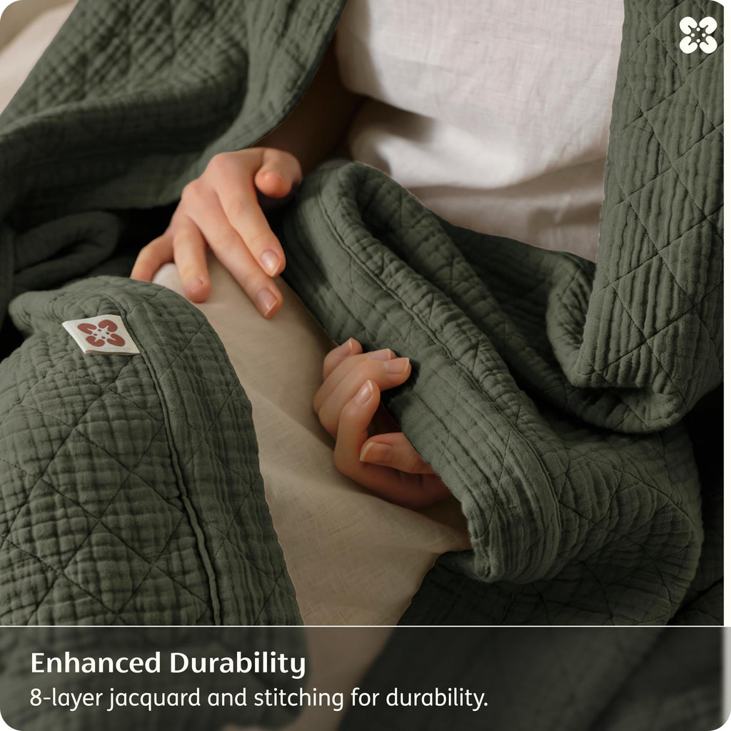PureWoven 100% Cotton Muslin Blanket 8-Layer, Olive Green