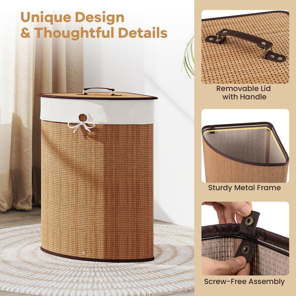 58 L Corner Laundry Hamper with Lid, Removable Liner, Handle Bamboo