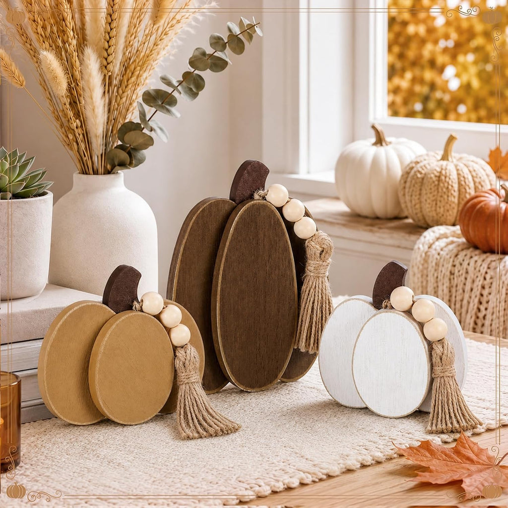 Fall Thanksgiving Pumpkin Decor with Beige Beads Fall Wooden Sign 3D Pumpkin Tabletop Centerpiece Farmhouse - Set of 3